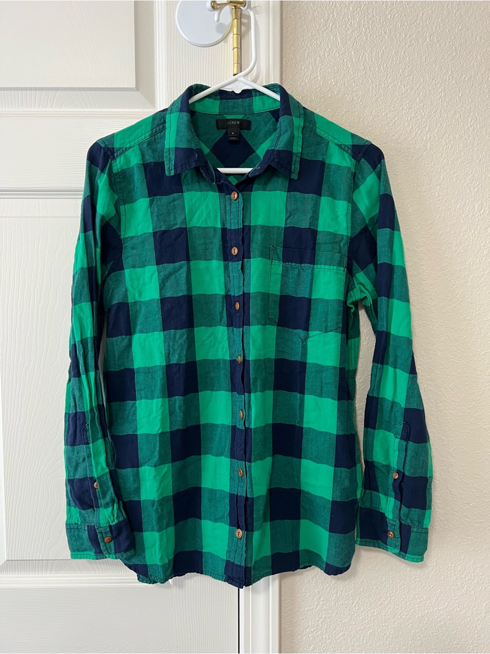 J.Crew Shrunken Boy Shirt Green Navy Buffalo Check Plaid Size 8